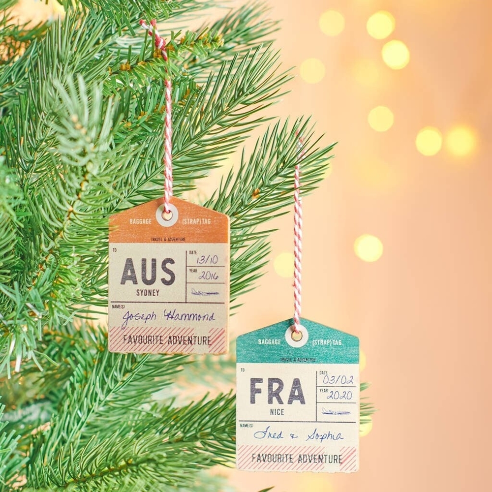 Personalized Wooden or Acrylic Luggage Tag Travel Christmas Ornament, Custom Name and Trip Ornament, Journey Travel Lover Xmas Gift 2024