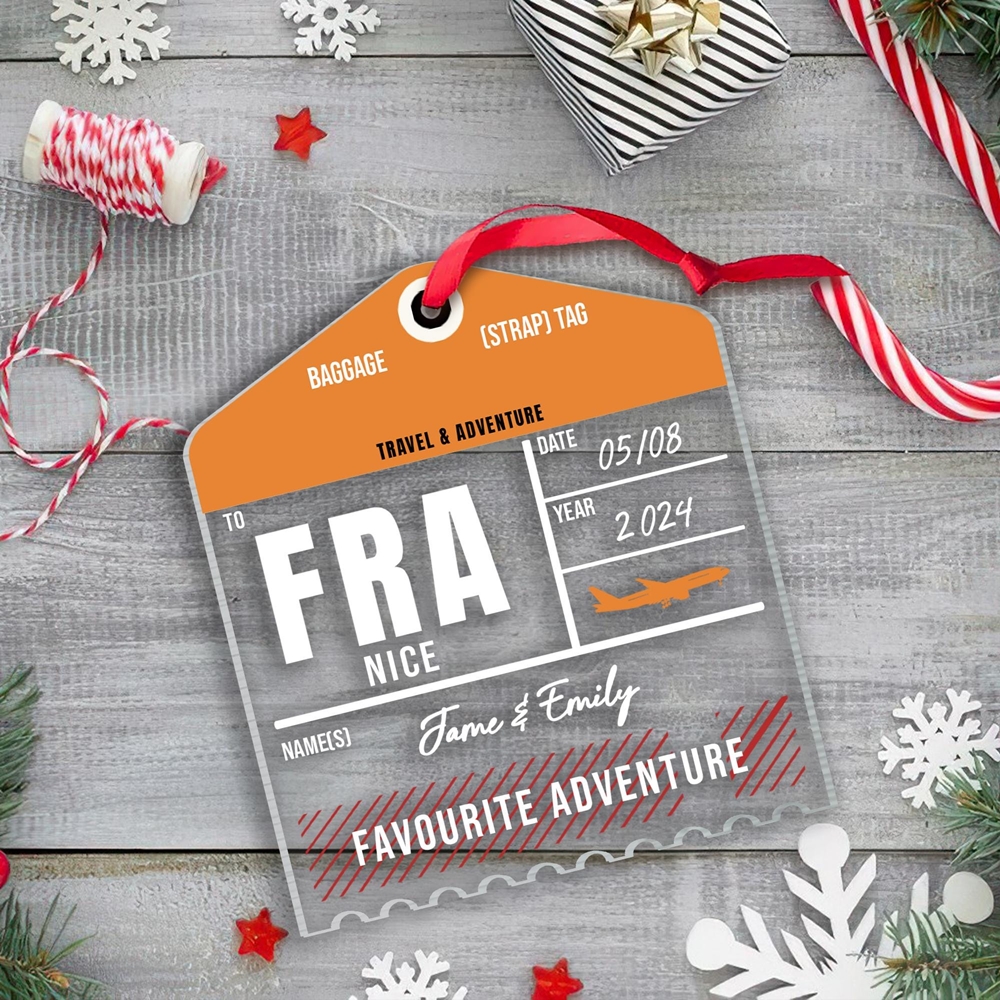 Personalized Wooden or Acrylic Luggage Tag Travel Christmas Ornament, Custom Name and Trip Ornament, Journey Travel Lover Xmas Gift 2024