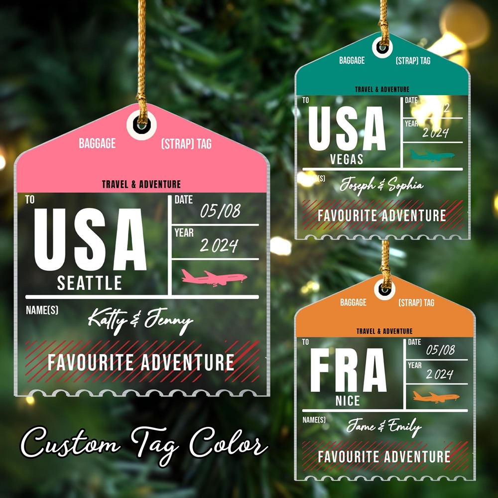 Personalized Wooden or Acrylic Luggage Tag Travel Christmas Ornament, Custom Name and Trip Ornament, Journey Travel Lover Xmas Gift 2024