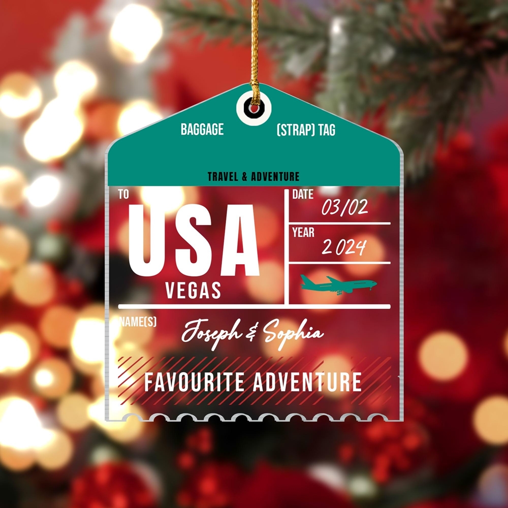 Personalized Wooden or Acrylic Luggage Tag Travel Christmas Ornament, Custom Name and Trip Ornament, Journey Travel Lover Xmas Gift 2024