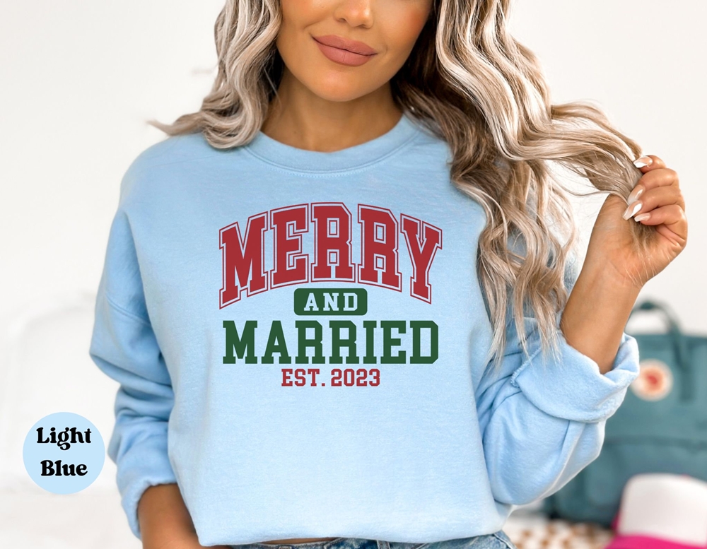 Personalized Merry and Married Matching Couple Sweatshirts, First Christmas Married in 2024 Newly Wedding Gift, Christmas Gift for Couple