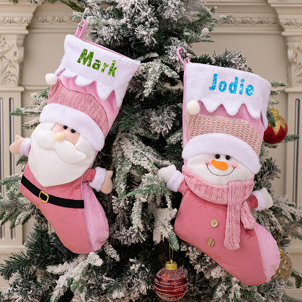 Personalized Glitter Name Pink Christmas Stocking Santa and Snowman Design, Festival Fireplace Tree Hanging Ornament, Xmas Gift for Family