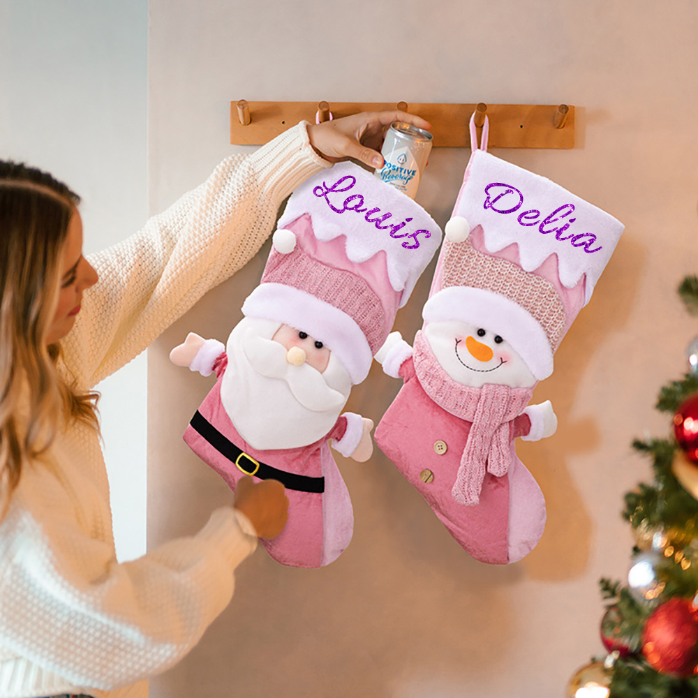 Personalized Glitter Name Pink Christmas Stocking Santa and Snowman Design, Festival Fireplace Tree Hanging Ornament, Xmas Gift for Family