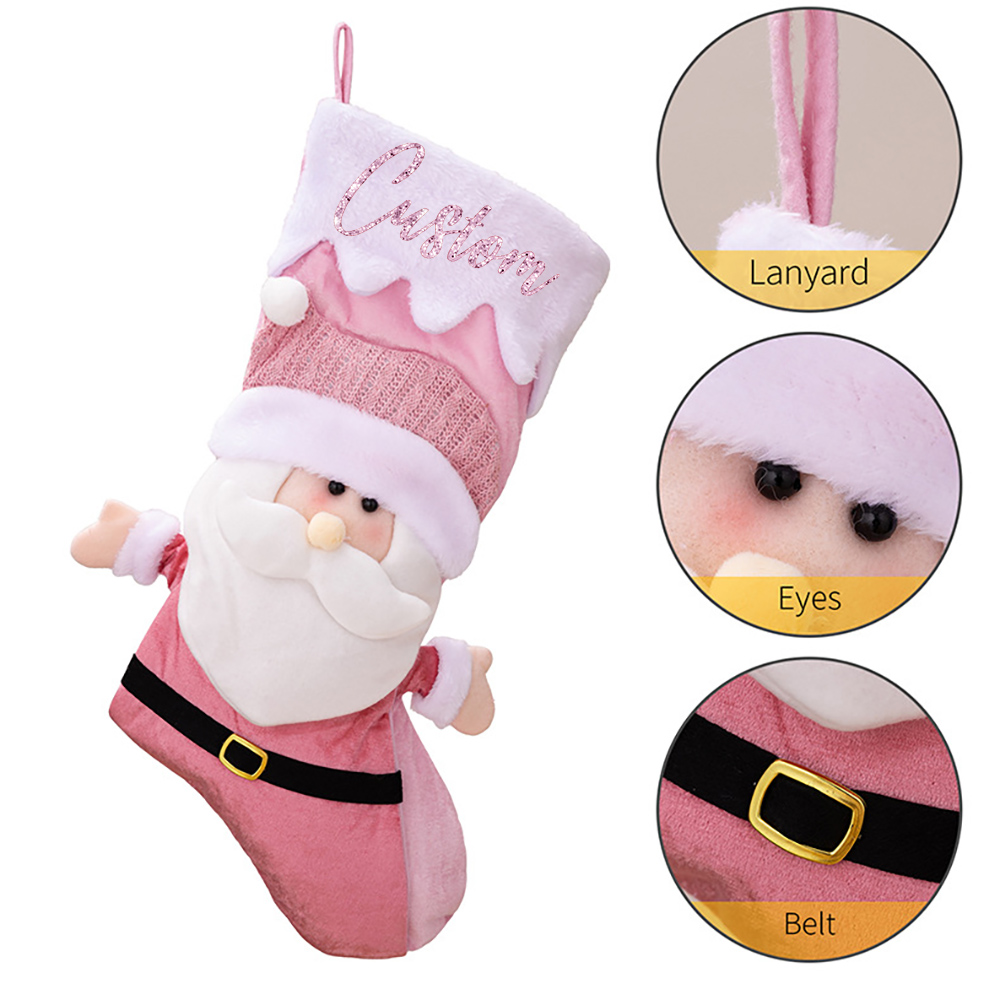 Personalized Glitter Name Pink Christmas Stocking Santa and Snowman Design, Festival Fireplace Tree Hanging Ornament, Xmas Gift for Family