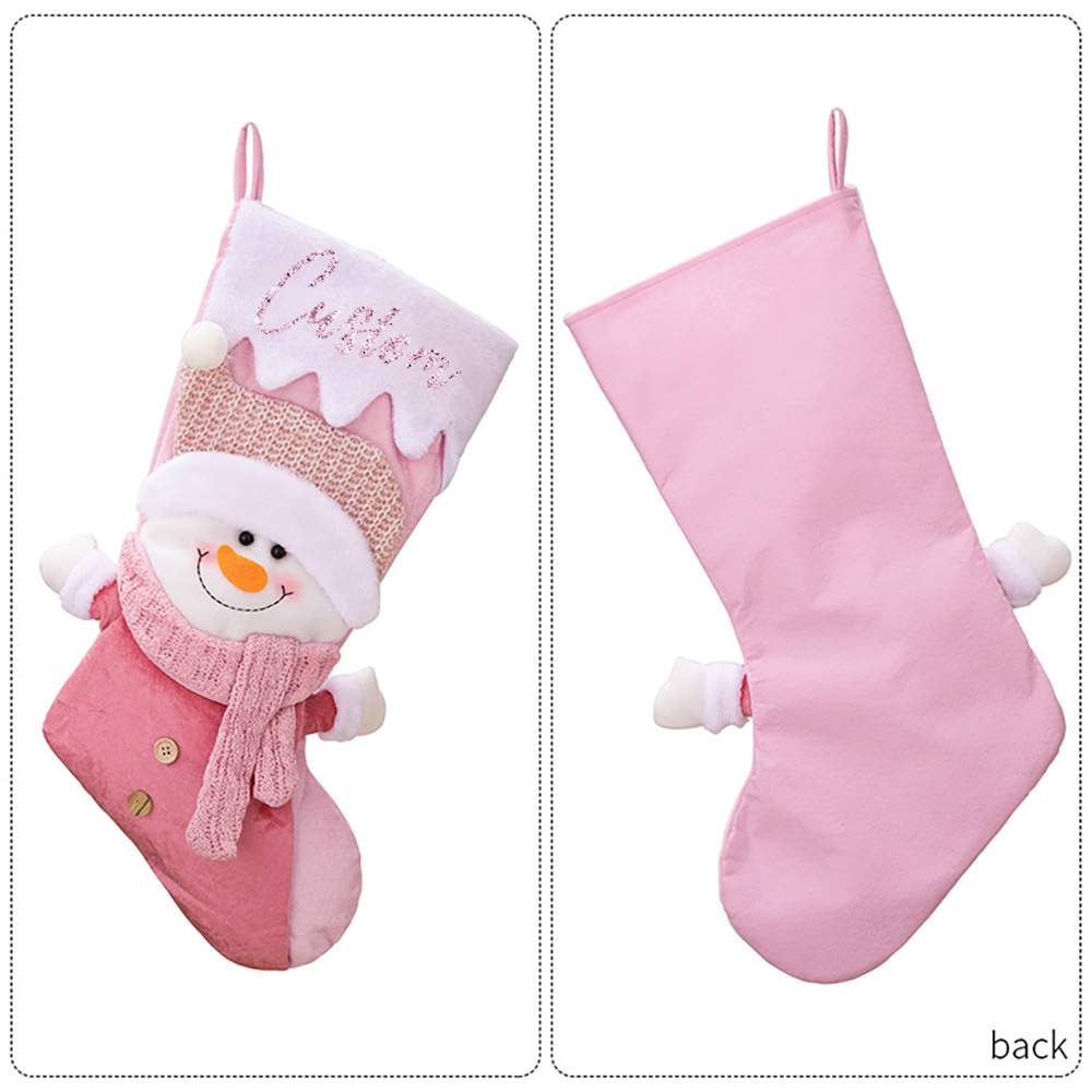 Personalized Glitter Name Pink Christmas Stocking Santa and Snowman Design, Festival Fireplace Tree Hanging Ornament, Xmas Gift for Family