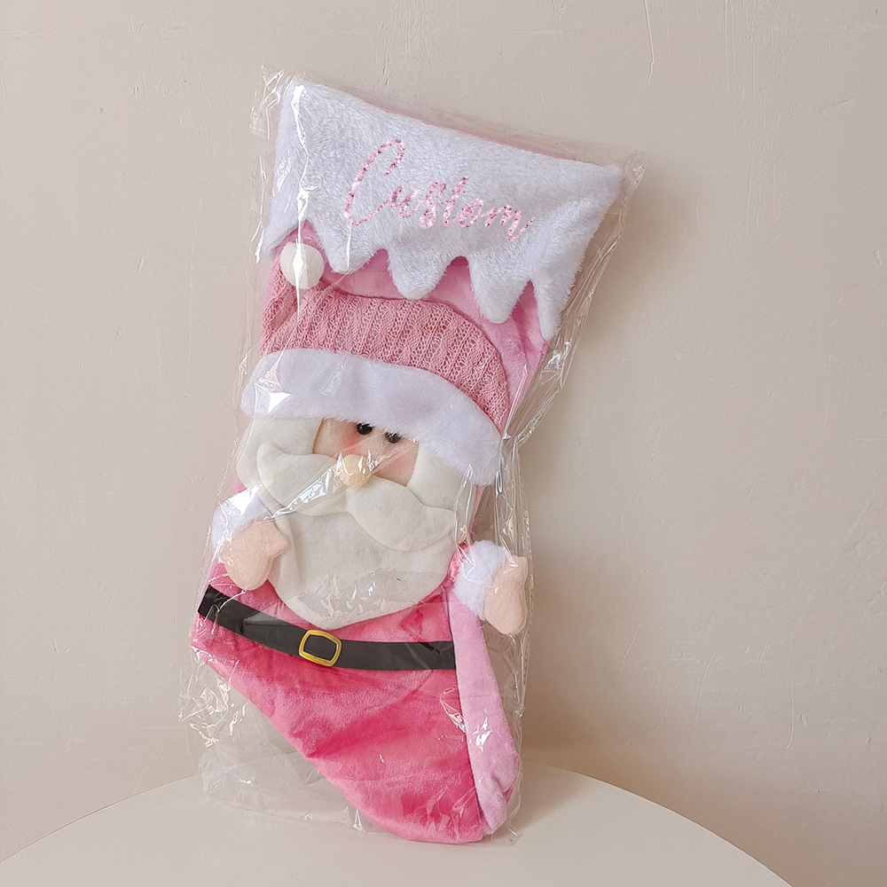 Personalized Glitter Name Pink Christmas Stocking Santa and Snowman Design, Festival Fireplace Tree Hanging Ornament, Xmas Gift for Family
