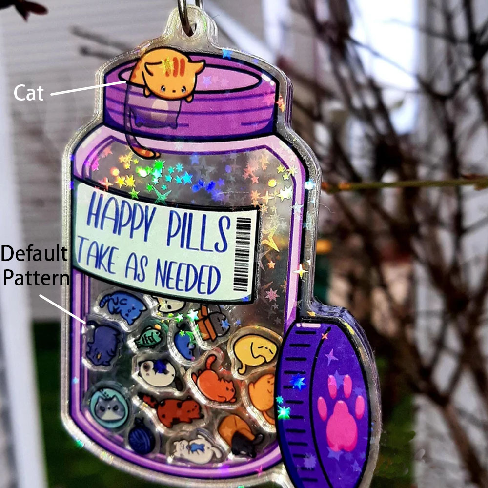 Personalised Happy Pills Pet Acrylic Shaker Keychain, Pet Portrait Backpack Keychains with Dog/Cat Face Photo for Girls, Gift for Dog Lovers Cat Mom