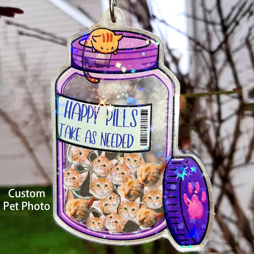 Personalised Happy Pills Pet Acrylic Shaker Keychain, Pet Portrait Backpack Keychains with Dog/Cat Face Photo for Girls, Gift for Dog Lovers Cat Mom