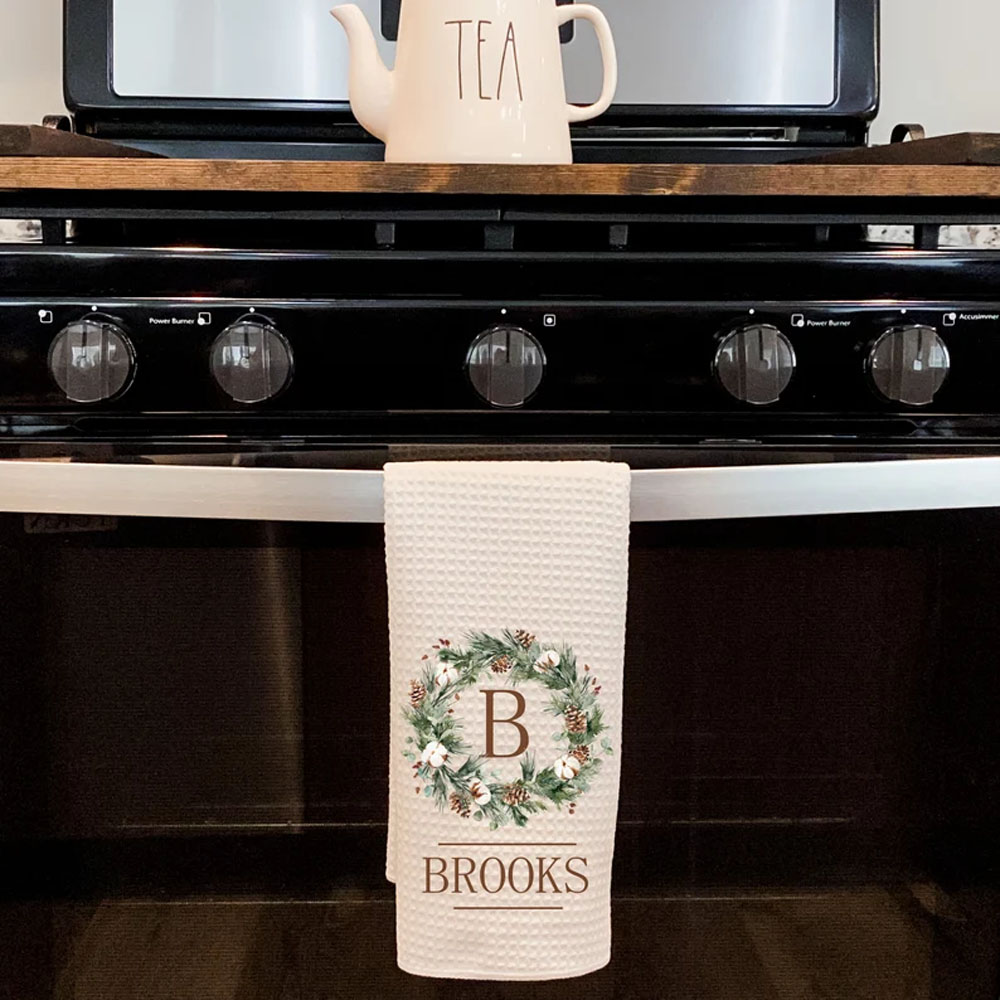 Monogram Christmas Wreath, Personalized Kitchen Tea Towel, Custom Gift for Hostess, Housewarming, Farmhouse Winter Decor, Hand Towel, Printed Towel