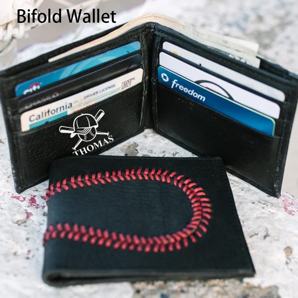 Personalized Baseball Leather Bifold Wallet for Men,Stitch Wallet with Baseball Pattern,Birthday Gift for Coach/Boyfriend/Husband/Player Baseball Fans