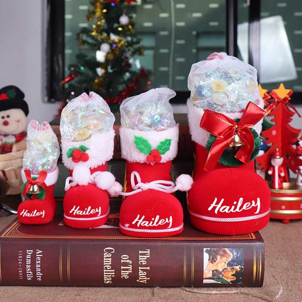 Santa Claus Boots with Bells and Bows | Candy Gift Bags | Velvet Christmas Stocking Ornaments | Holiday Décor