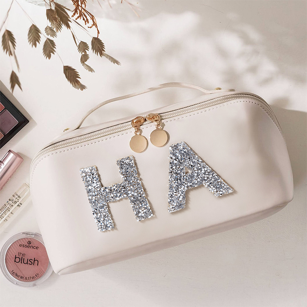 Personalized Glitter Initial Makeup Bag,Custom Monogram Cosmetic Pouch for Bridesmaids and Travel