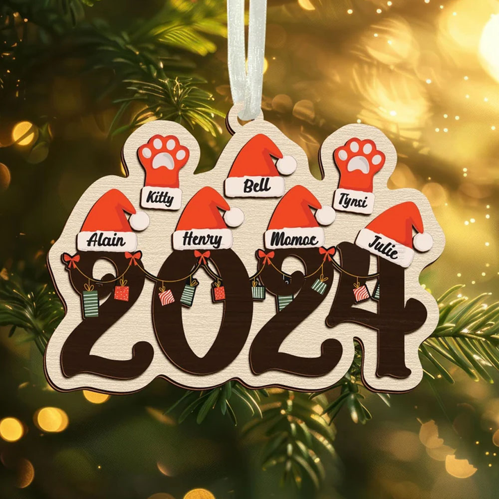 2024 Custom Christmas Family Name Ornament,Ornament With Pet,Santa Hat Ornament,Yearly Ornament,Family Christmas Ornament Gift,Xmas Decor