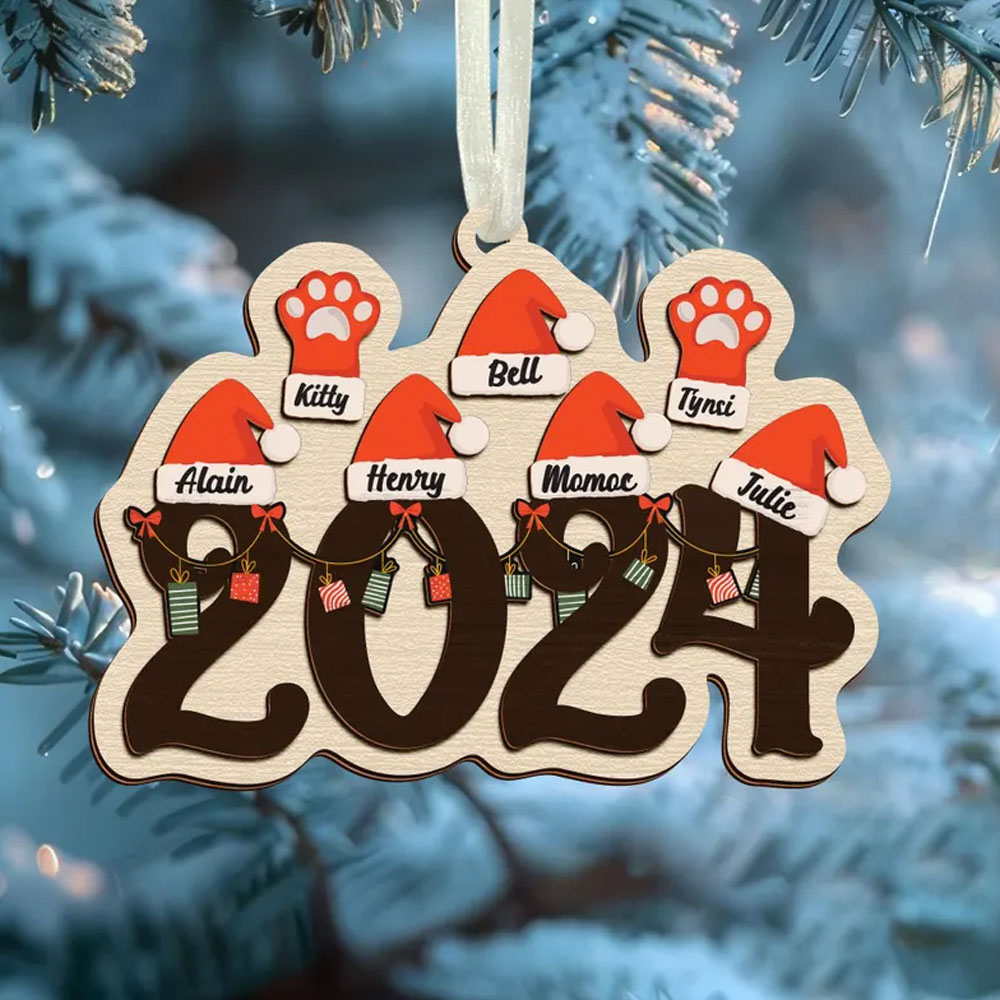 2024 Custom Christmas Family Name Ornament,Ornament With Pet,Santa Hat Ornament,Yearly Ornament,Family Christmas Ornament Gift,Xmas Decor