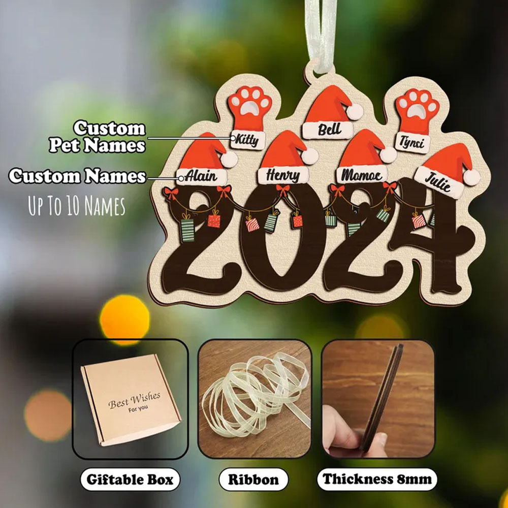 2024 Custom Christmas Family Name Ornament,Ornament With Pet,Santa Hat Ornament,Yearly Ornament,Family Christmas Ornament Gift,Xmas Decor