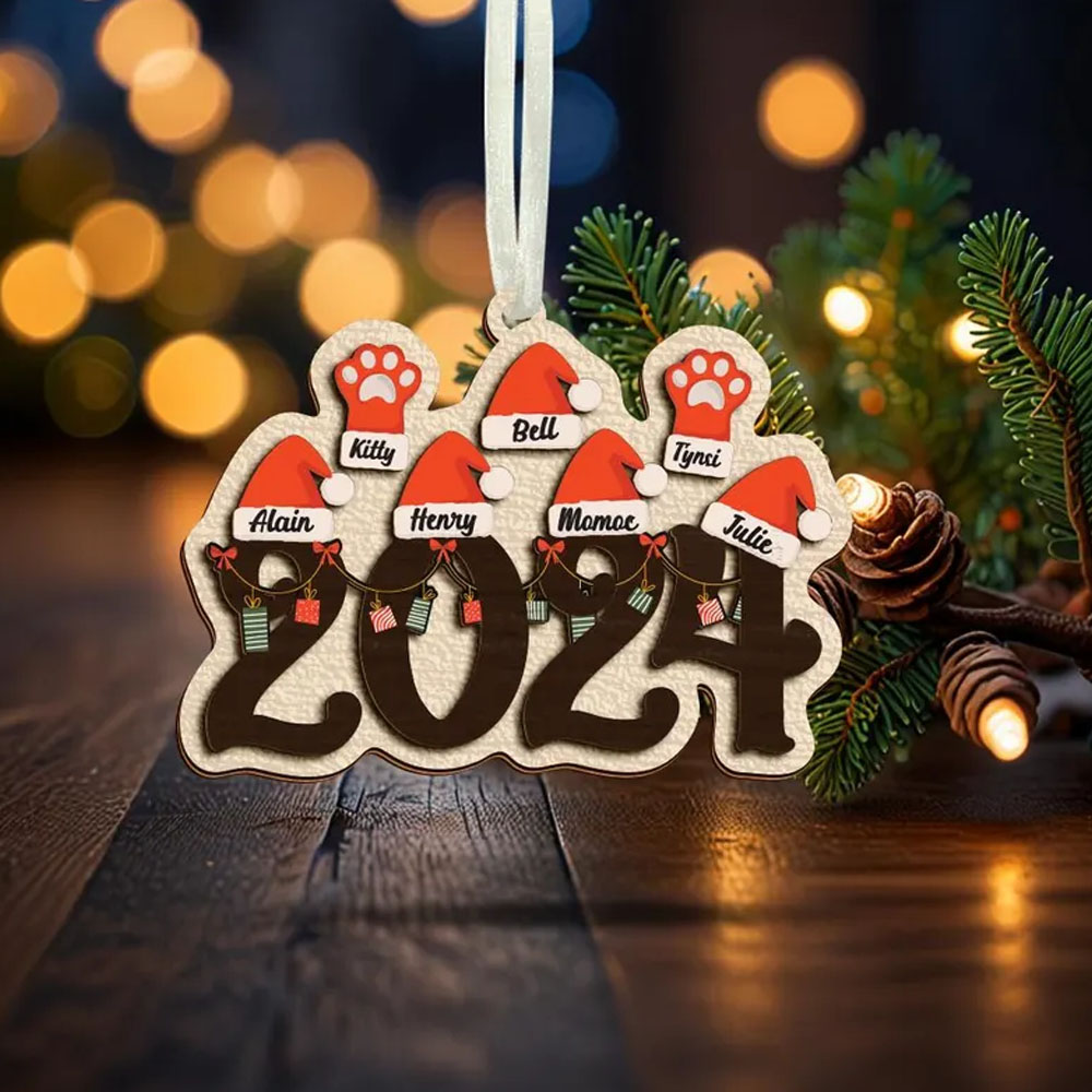 2024 Custom Christmas Family Name Ornament,Ornament With Pet,Santa Hat Ornament,Yearly Ornament,Family Christmas Ornament Gift,Xmas Decor