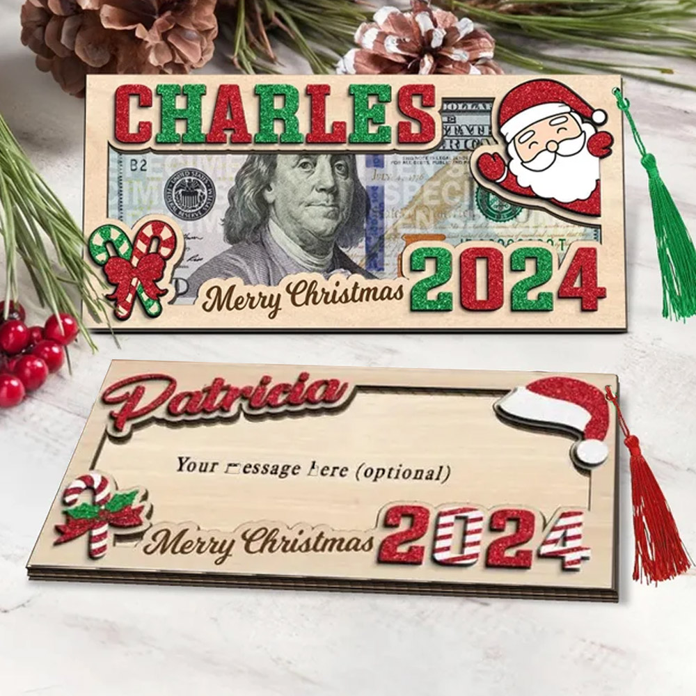 Personalized Santa Money Cards Christmas Money Holder With Name, Funny Christmas Cash Holder Gift, Customized Wooden Money Holder Ornaments