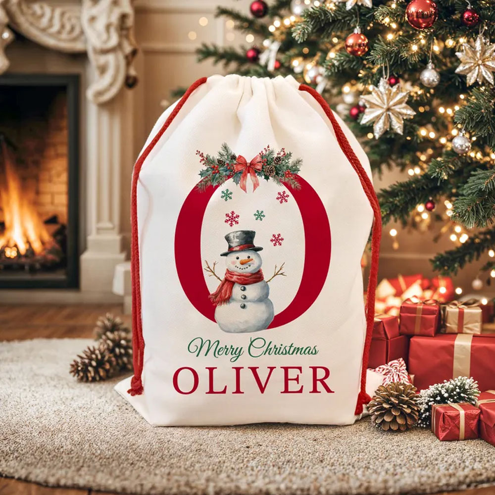 Personalized Santa Sack with Letter and Name, Thick Canvas Christmas Snowman Large Present Gifts Bags for Him/Her/Kids, Christmas Gifts for Boy Girl