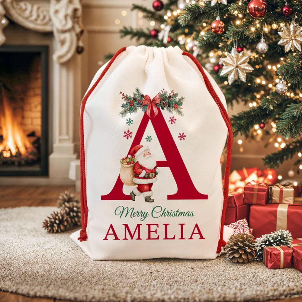 Personalized Santa Sack with Letter and Name, Thick Canvas Christmas Snowman Large Present Gifts Bags for Him/Her/Kids, Christmas Gifts for Boy Girl