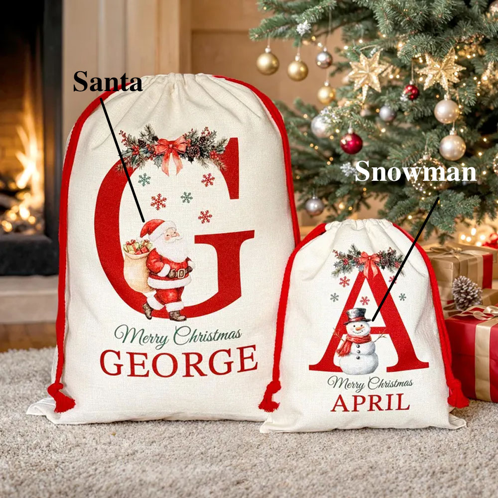 Personalized Santa Sack with Letter and Name, Thick Canvas Christmas Snowman Large Present Gifts Bags for Him/Her/Kids, Christmas Gifts for Boy Girl