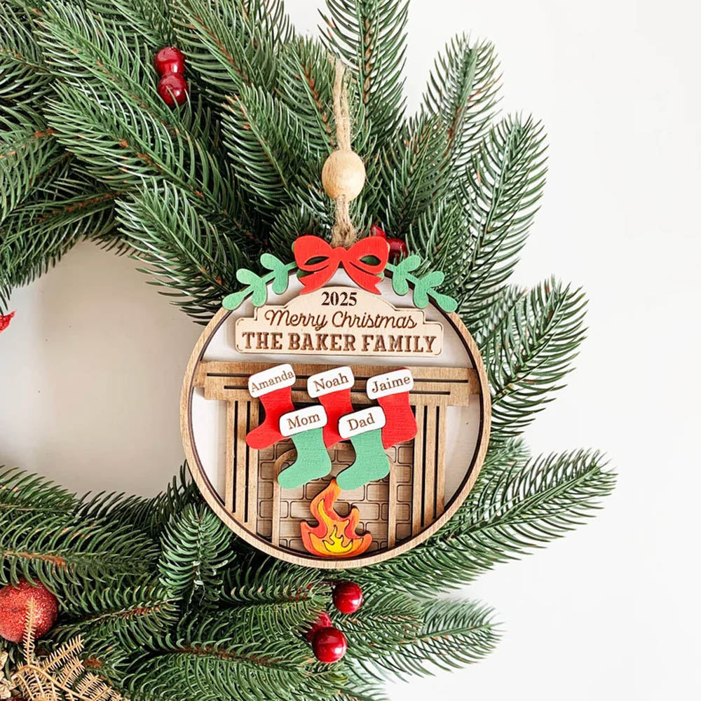 (Set of 2pcs)Custom Family Christmas Fireplace Ornament With Stockings, Old World Rustic Wooden Christmas Tree Ornaments With Name, Snowman Ornaments, Gifts for Woman
