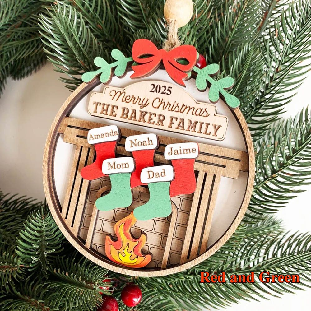 (Set of 2pcs)Custom Family Christmas Fireplace Ornament With Stockings, Old World Rustic Wooden Christmas Tree Ornaments With Name, Snowman Ornaments, Gifts for Woman