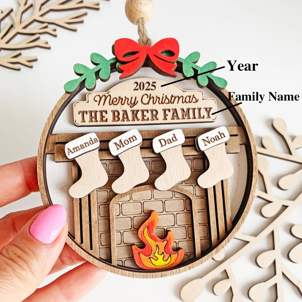(Set of 2pcs)Custom Family Christmas Fireplace Ornament With Stockings, Old World Rustic Wooden Christmas Tree Ornaments With Name, Snowman Ornaments, Gifts for Woman