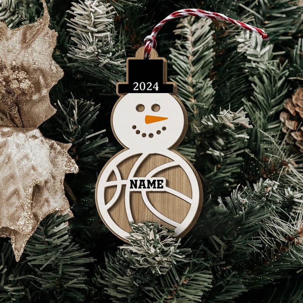 Personalized Snowman Sports Ornament 2024, Baseball Ornament, Basketball Players Ornament, Coach Gifts, Sport Team 2-Layer Wooden Ornament