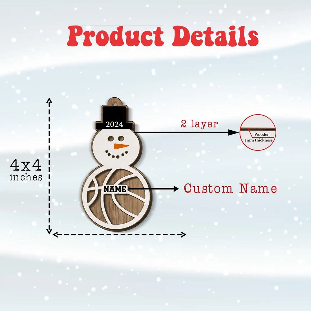 Personalized Snowman Sports Ornament 2024, Baseball Ornament, Basketball Players Ornament, Coach Gifts, Sport Team 2-Layer Wooden Ornament