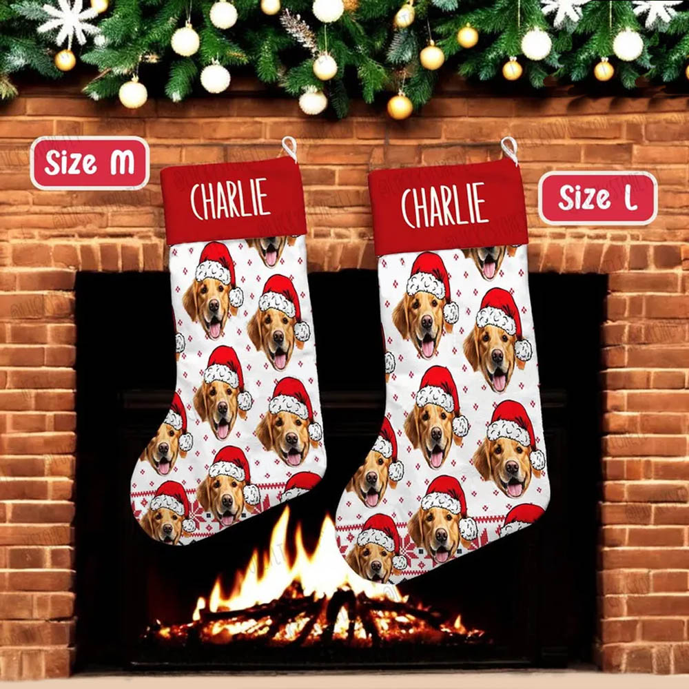 Personalized Pet Face Photo Christmas Stocking with Name,Fireplace Decoration,Funny Holiday Stocking Gift Bag,Gifts for Family Pet Cat Dog Lovers