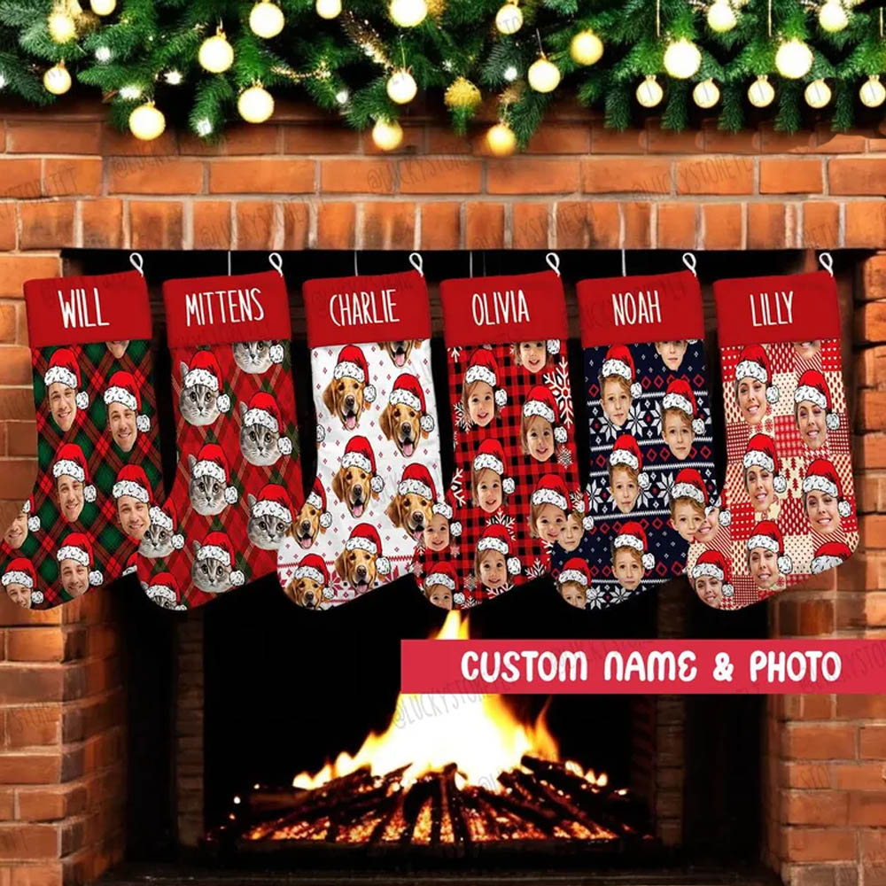 Personalized Pet Face Photo Christmas Stocking with Name,Fireplace Decoration,Funny Holiday Stocking Gift Bag,Gifts for Family Pet Cat Dog Lovers