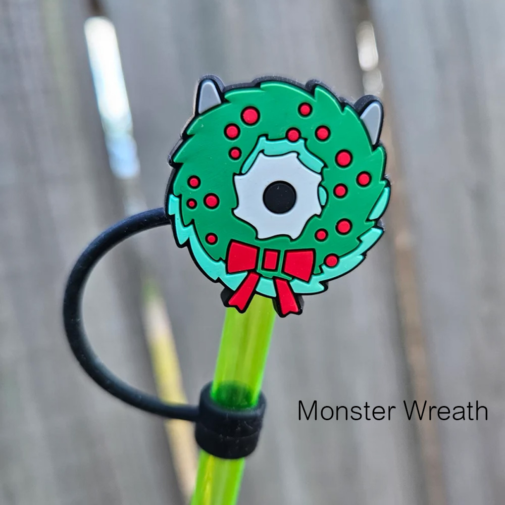 Personalized Christmas Straw Toppers, Gingerbread Mickey & Minnie & Monster Wreath Glass Cup Straw Lid Covers Accessories, Christmas Gift for Woman/Kid