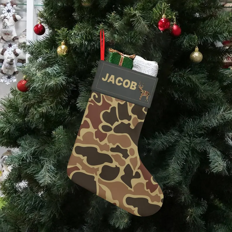 Personalized Linen Christmas Stocking with Duck, Treebark Bottomland Style Camo for Hunters and Kids, Personalized Gift, Holiday Decor, Camouflage