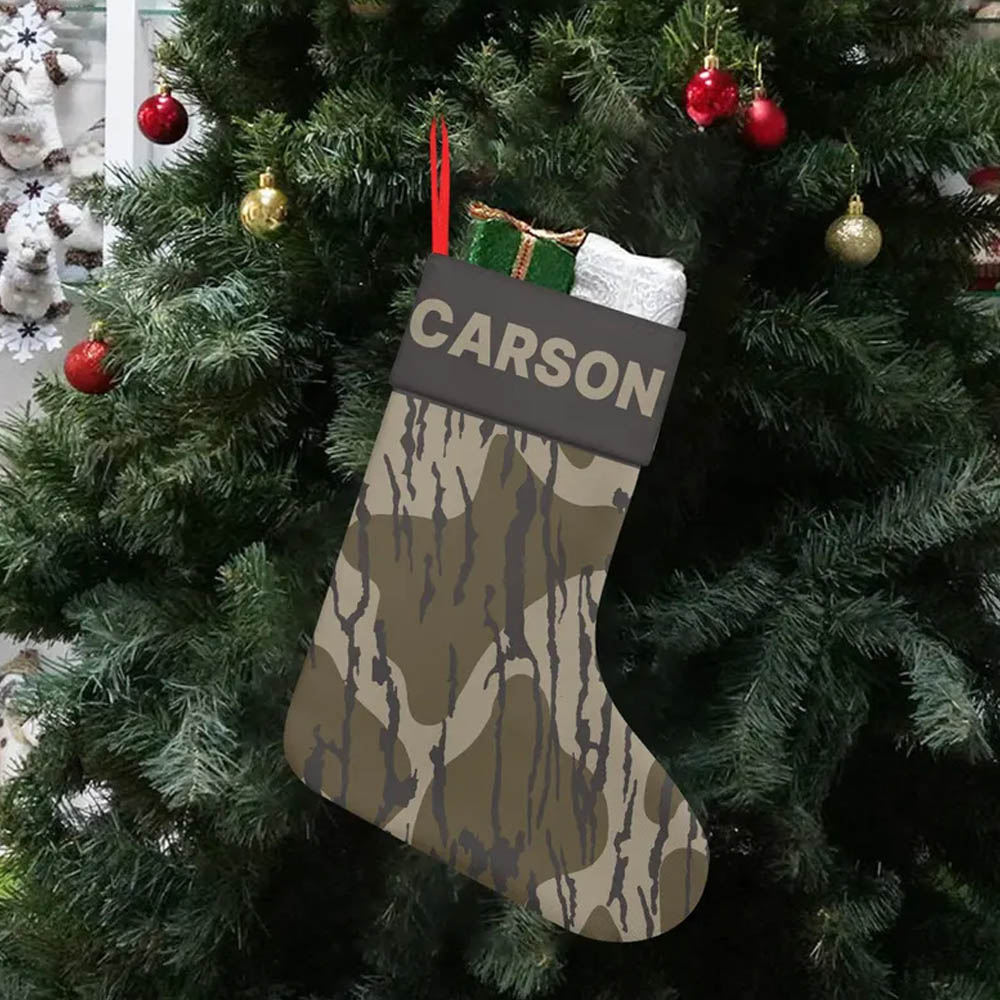 Personalized Linen Christmas Stocking with Duck, Treebark Bottomland Style Camo for Hunters and Kids, Personalized Gift, Holiday Decor, Camouflage