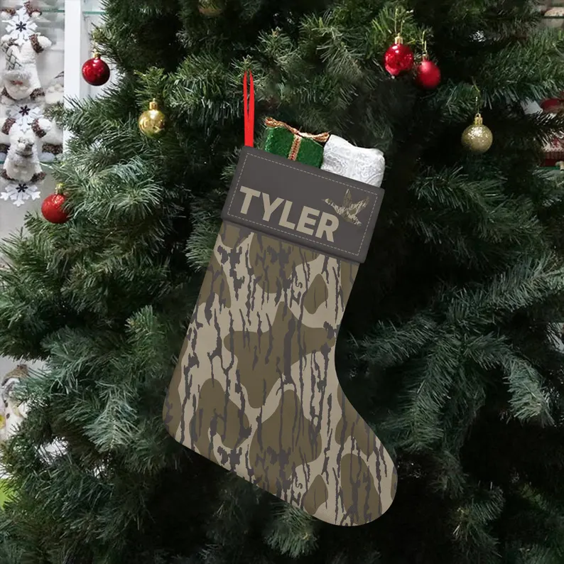 Personalized Linen Christmas Stocking with Duck, Treebark Bottomland Style Camo for Hunters and Kids, Personalized Gift, Holiday Decor, Camouflage