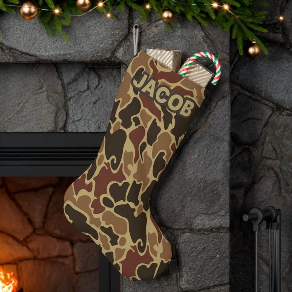 Personalized Linen Christmas Stocking with Duck, Treebark Bottomland Style Camo for Hunters and Kids, Personalized Gift, Holiday Decor, Camouflage