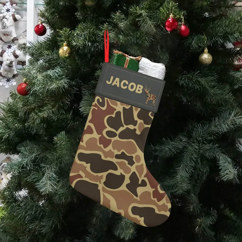 Personalized Linen Christmas Stocking with Duck, Treebark Bottomland Style Camo for Hunters and Kids, Personalized Gift, Holiday Decor, Camouflage