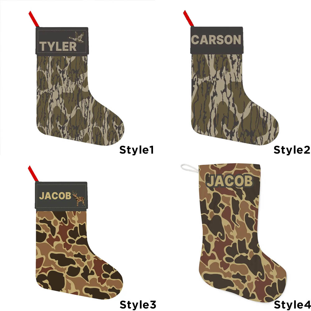 Personalized Linen Christmas Stocking with Duck, Treebark Bottomland Style Camo for Hunters and Kids, Personalized Gift, Holiday Decor, Camouflage