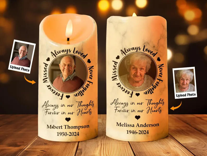 Always Loved, Never Forgotten, Forever Missed - Memorial Personalized Photo LED Candle, Custom Picture Led Candle, Remembrance Gifts