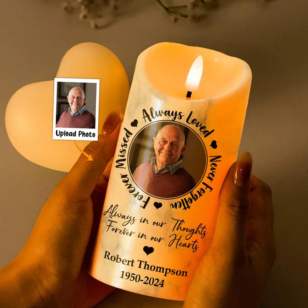 Always Loved, Never Forgotten, Forever Missed - Memorial Personalized Photo LED Candle, Custom Picture Led Candle, Remembrance Gifts