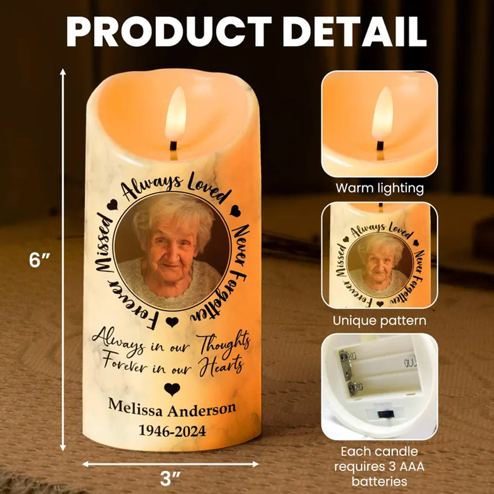 Always Loved, Never Forgotten, Forever Missed - Memorial Personalized Photo LED Candle, Custom Picture Led Candle, Remembrance Gifts