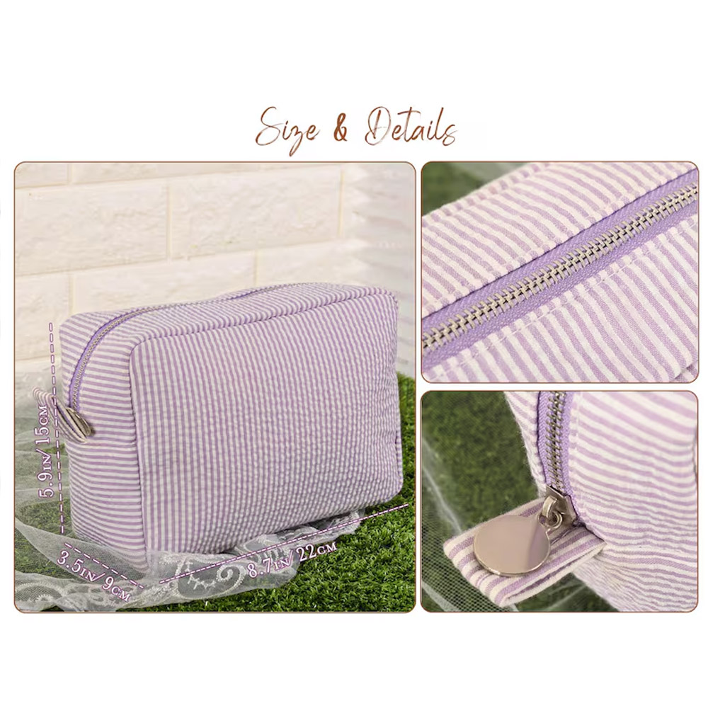 Personalized Seersucker Cosmetic Bag with Embroidered Name, Bridesmaid Makeup Storage Organizer Bag for Woman, Preppy Cosmetic Pouch, Girly Gifts for Her