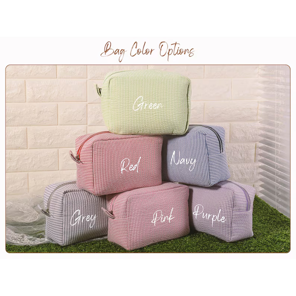 Personalized Seersucker Cosmetic Bag with Embroidered Name, Bridesmaid Makeup Storage Organizer Bag for Woman, Preppy Cosmetic Pouch, Girly Gifts for Her