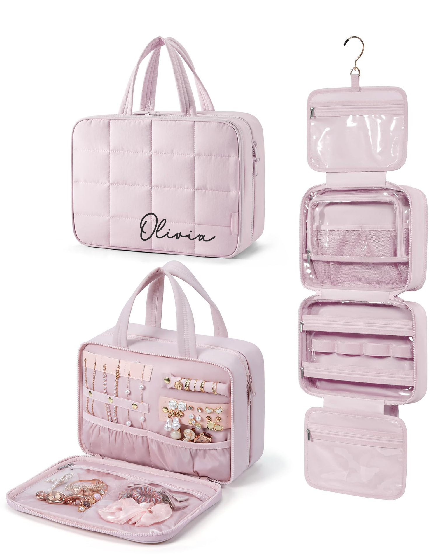 Personalized Travel Toiletry Bag with Jewelry Organizer, Hanging Travel Bag for Toiletries, Puffy Makeup Cosmetic Bag Organizer, Carry-on Travel Accessories Essentials