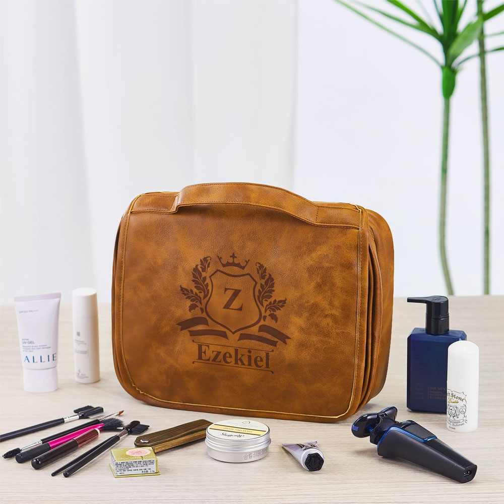 Large Personalized PU Leather Toiletry Bag For Men, Custom Groomsmen Gifts Hanging Travel Organizer Bag, Laser Engraved Name Monogram Shaving Kit Gift For Him Husband Father Dad