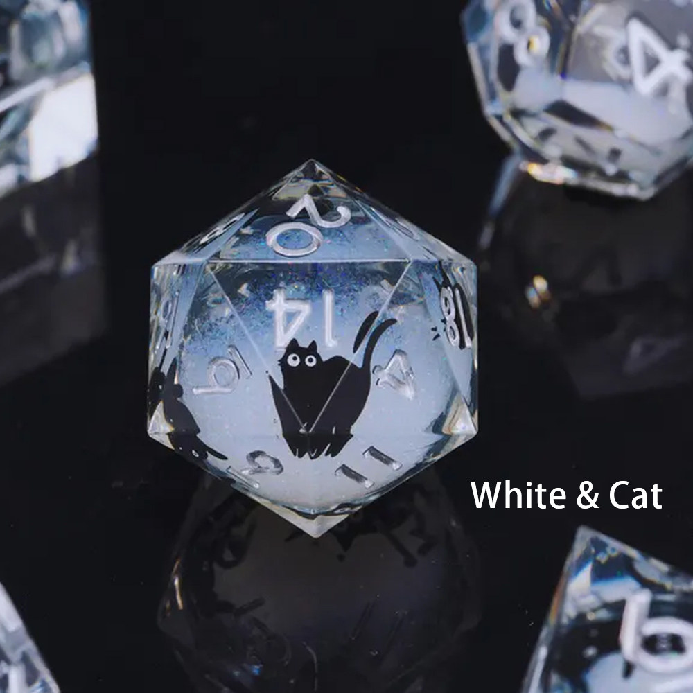 Black Cat DND Dice Set:Transparent Dice Set, White Liquid Core Polyhedral Dice for Fantasy Gaming, Polyhedral Dice, Resin Dice, Xmas Gift