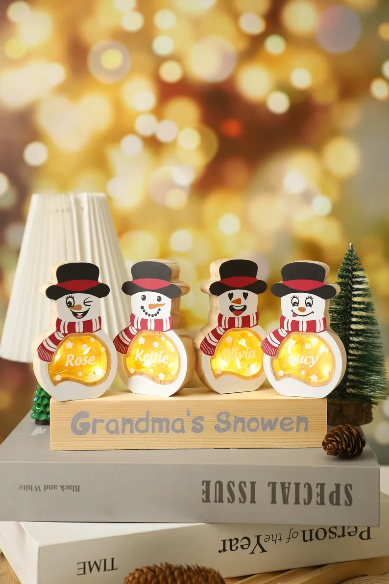 Personalized Snowman LED Light Wooden Decor, Tabletop Name Block Sign, Holiday Party Essentials Winter, Christmas Gift for Family Kids