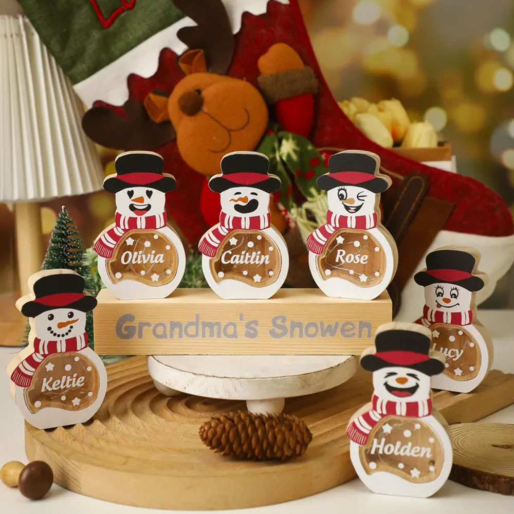 Personalized Snowman LED Light Wooden Decor, Tabletop Name Block Sign, Holiday Party Essentials Winter, Christmas Gift for Family Kids