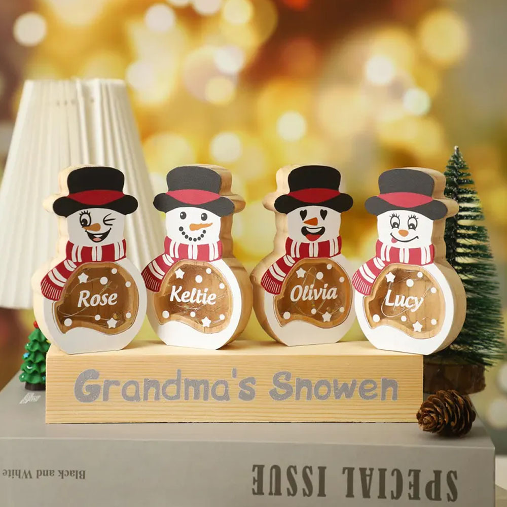 Personalized Snowman LED Light Wooden Decor, Tabletop Name Block Sign, Holiday Party Essentials Winter, Christmas Gift for Family Kids