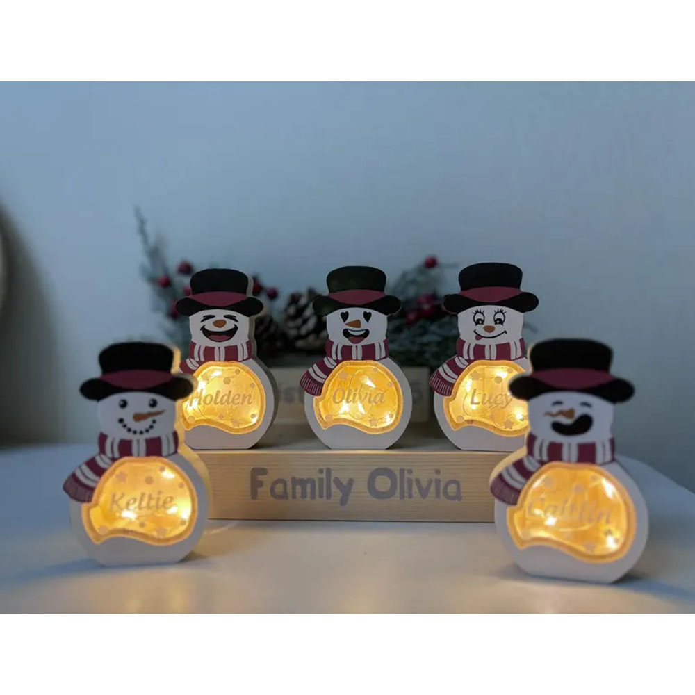 Personalized Snowman LED Light Wooden Decor, Tabletop Name Block Sign, Holiday Party Essentials Winter, Christmas Gift for Family Kids